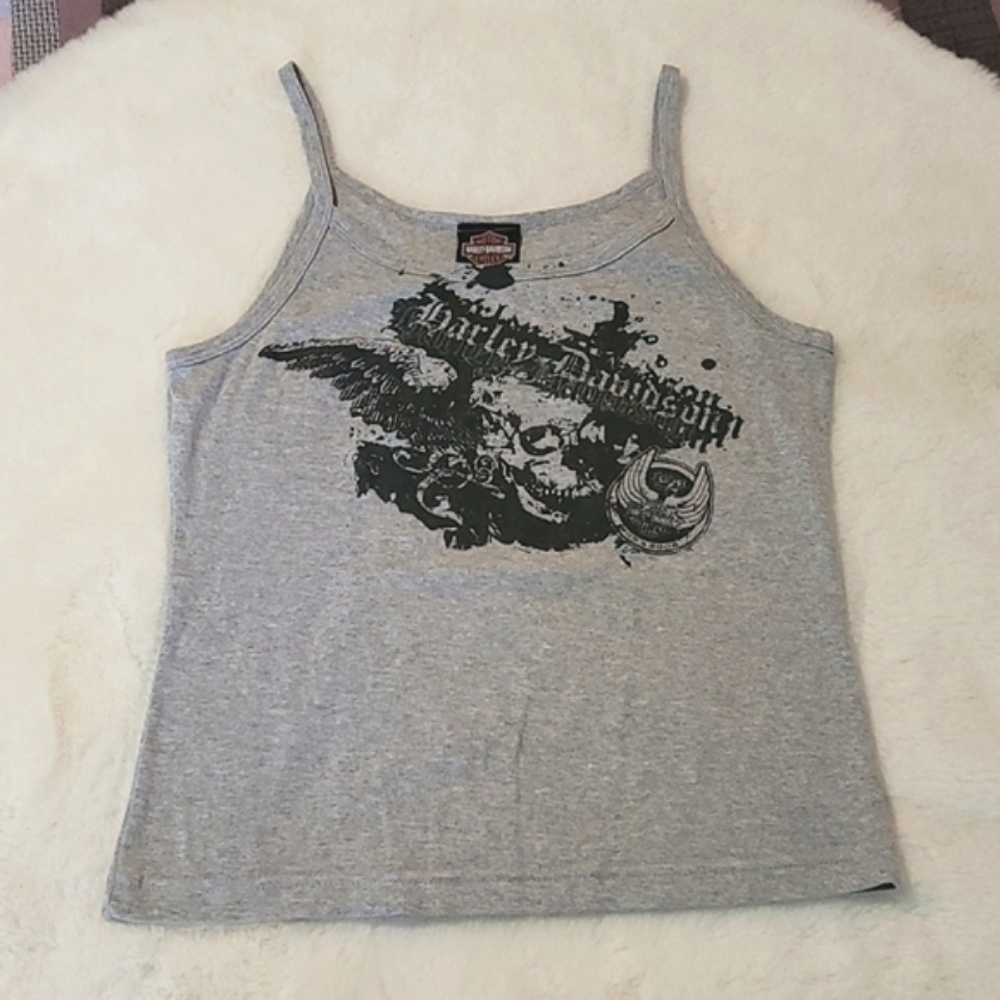 Harley Davidson Motorcycles Biker 2008 Gray Milwaukee Spaghetti Strap Tank